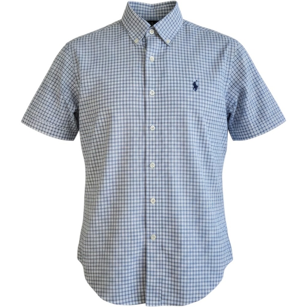 RALPH LAUREN Short Sleeve Button Shirt Mens Medium Blue Check Cotton Classic Fit